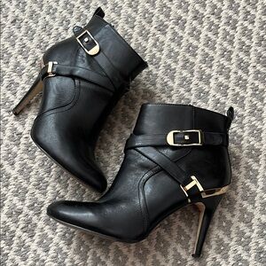 Mark Fisher Black Boots Heels Gold Hardware